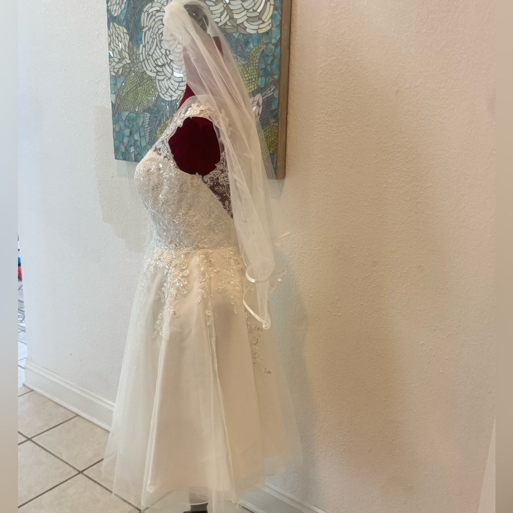 JJ’s House A-line Illusion Tulle Lace Short Wedding Dress with Two Tier 31” Veil - Picture 7 of 16